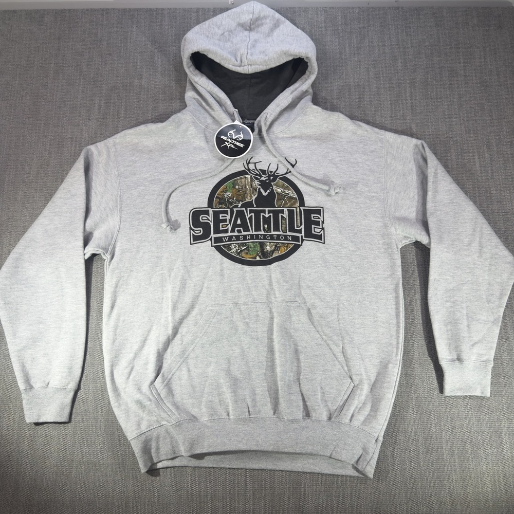 Seattle Washington Hoodie Mens Large Gray Deer Camo Graphic Fleece Pullover